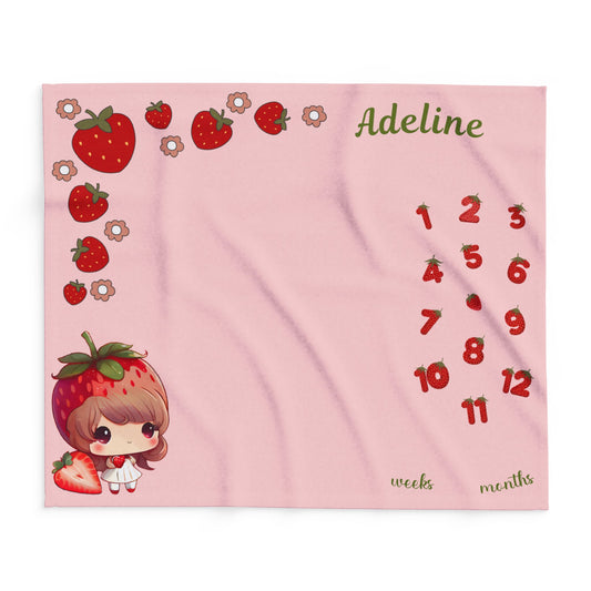Personalized Strawberry Milestone Baby Blanket – Soft Velveteen Plush Fleece for Newborn Girls
