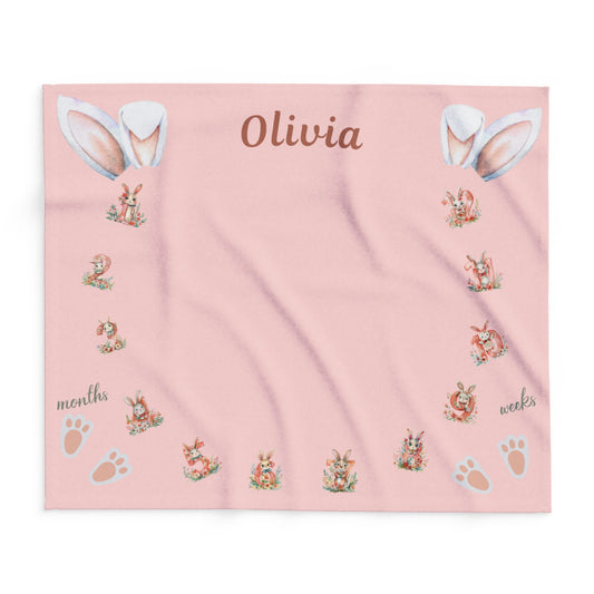 Personalized Bunny Milestone Baby Girl Blanket – Soft Velveteen Plush Fleece