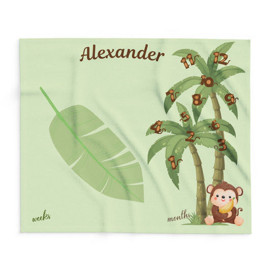 Personalized Jungle Monkey Milestone Baby Boy Blanket – Soft Velveteen Plush Fleece