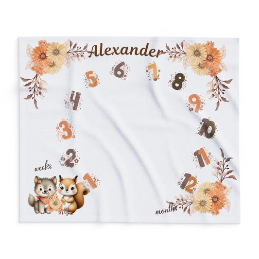 Personalized Woodland Animal Milestone Baby Boy Blanket – Soft Velveteen Plush Fleece
