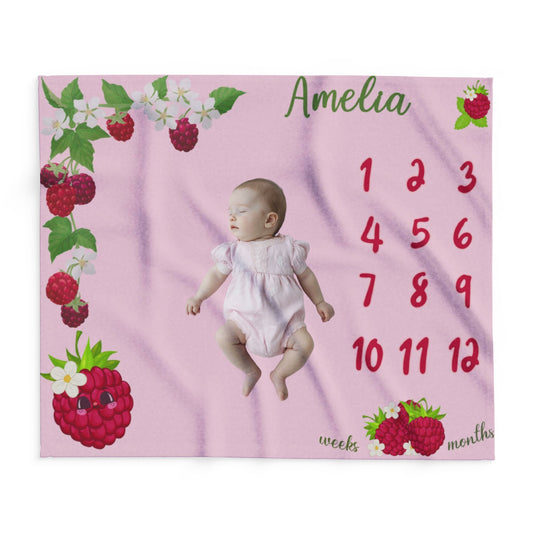 Personalized Raspberry Milestone Baby Blanket – Soft Velveteen Plush Fleece