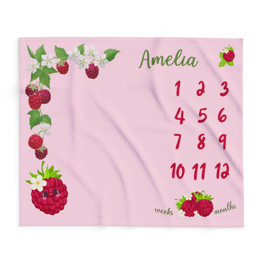Personalized Raspberry Milestone Baby Blanket – Soft Velveteen Plush Fleece