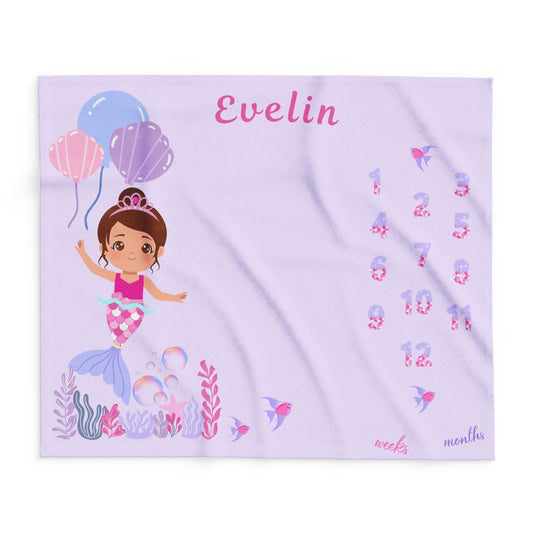 Personalized Mermaid Milestone Baby Blanket – Soft Velveteen Plush Fleece