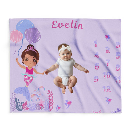 Personalized Mermaid Milestone Baby Blanket – Soft Velveteen Plush Fleece