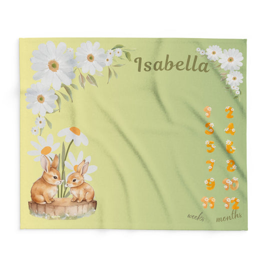 Personalized Daisy Bunny Milestone Baby Blanket – Soft Velveteen Plush Fleece