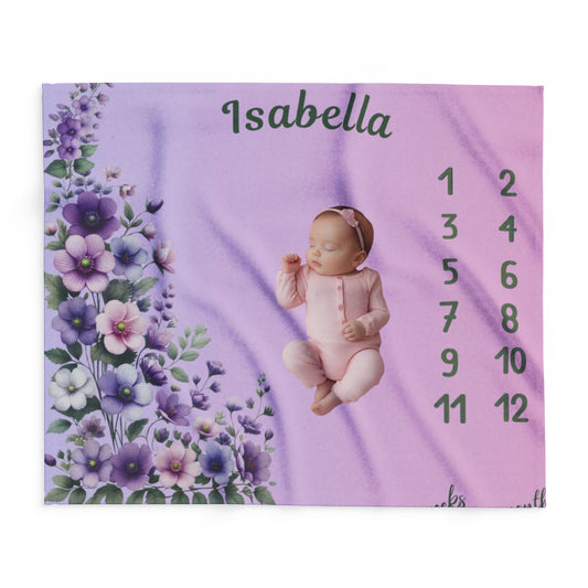 Personalized Floral Milestone Baby Blanket – Soft Velveteen Plush Fleece for Newborn Girls