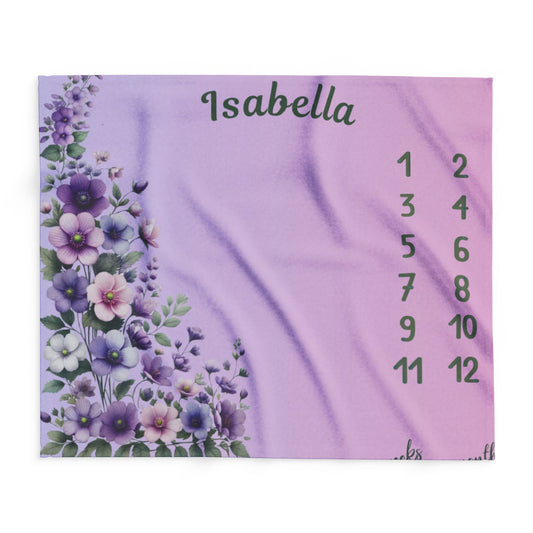 Personalized Floral Milestone Baby Blanket – Soft Velveteen Plush Fleece for Newborn Girls