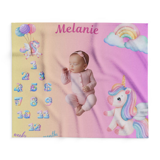 Personalized Unicorn Milestone Baby Girl Blanket , Soft Velveteen Plush
