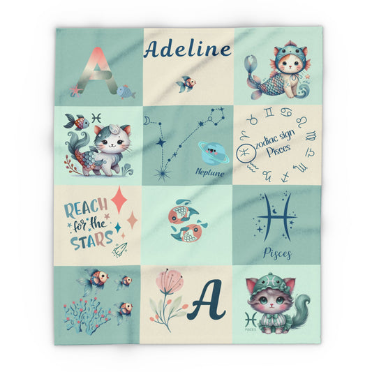 Personalized Zodiac Baby Blanket – Pisces Girl Blanket, Custom Name Velveteen Plush Blanket, Astrology Baby Gift, Soft Newborn Blanket, Baby Shower Gift