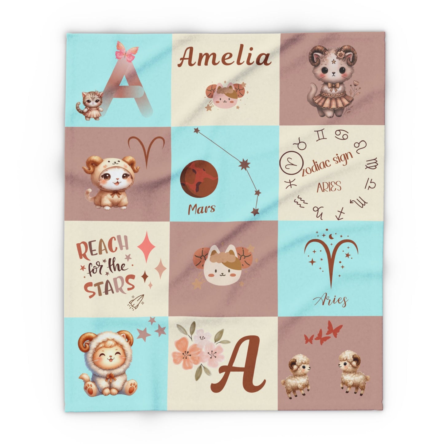 Personalized Aries Zodiac Baby Blanket – Girl Velveteen Plush Blanket, Astrology Nursery Throw, Custom Name Zodiac Sign Gift for Baby Gir