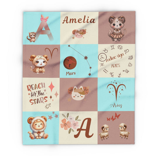 Personalized Aries Zodiac Baby Blanket – Girl Velveteen Plush Blanket, Astrology Nursery Throw, Custom Name Zodiac Sign Gift for Baby Gir