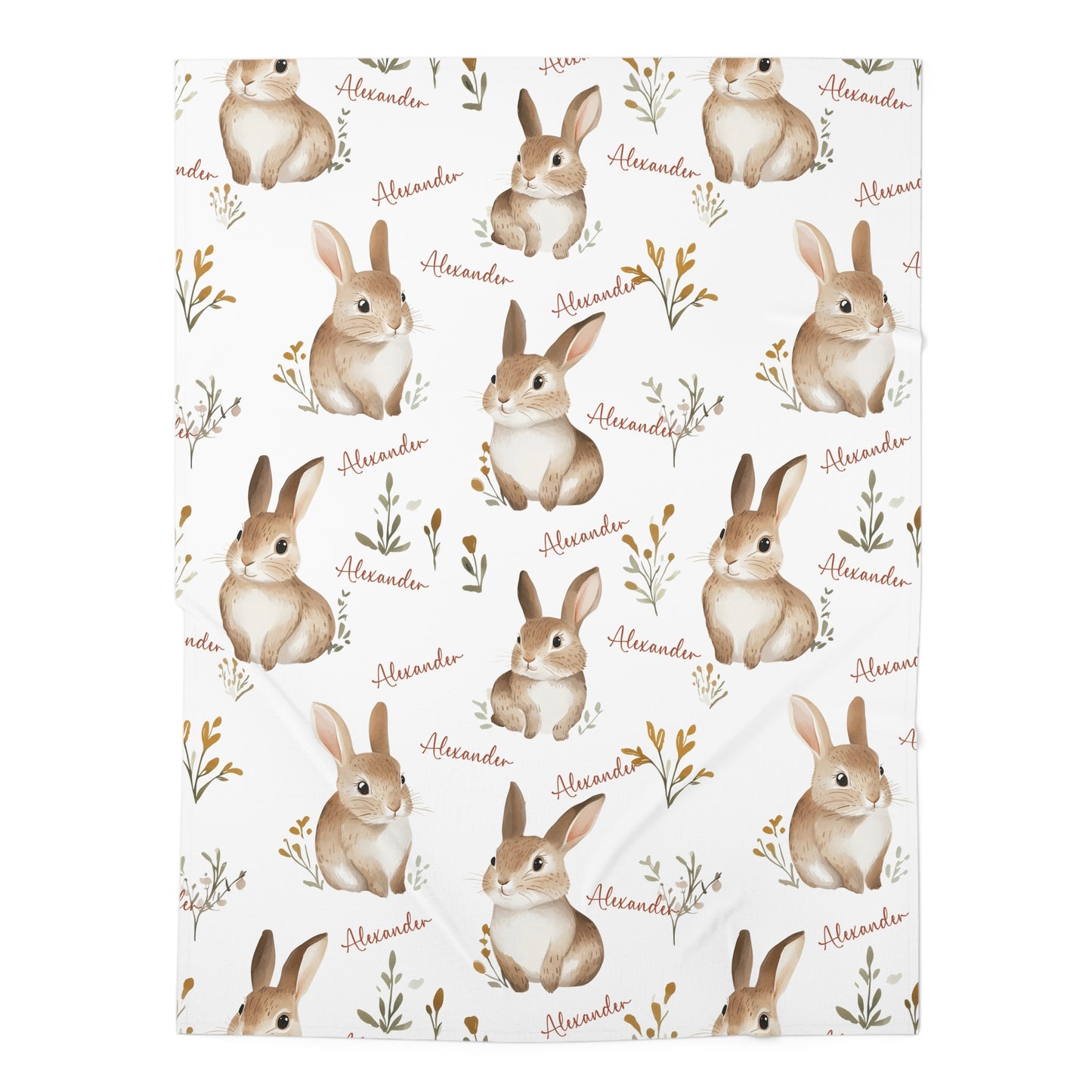 Patterned paper with illustrations of rabbits and the name 'Alexander' on a white background
