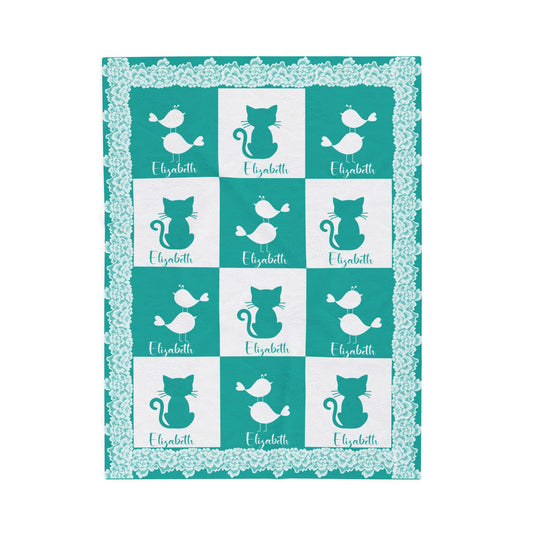 Personalized Baby Fleece Blanket | Custom Name Cat & Bird Blanket |