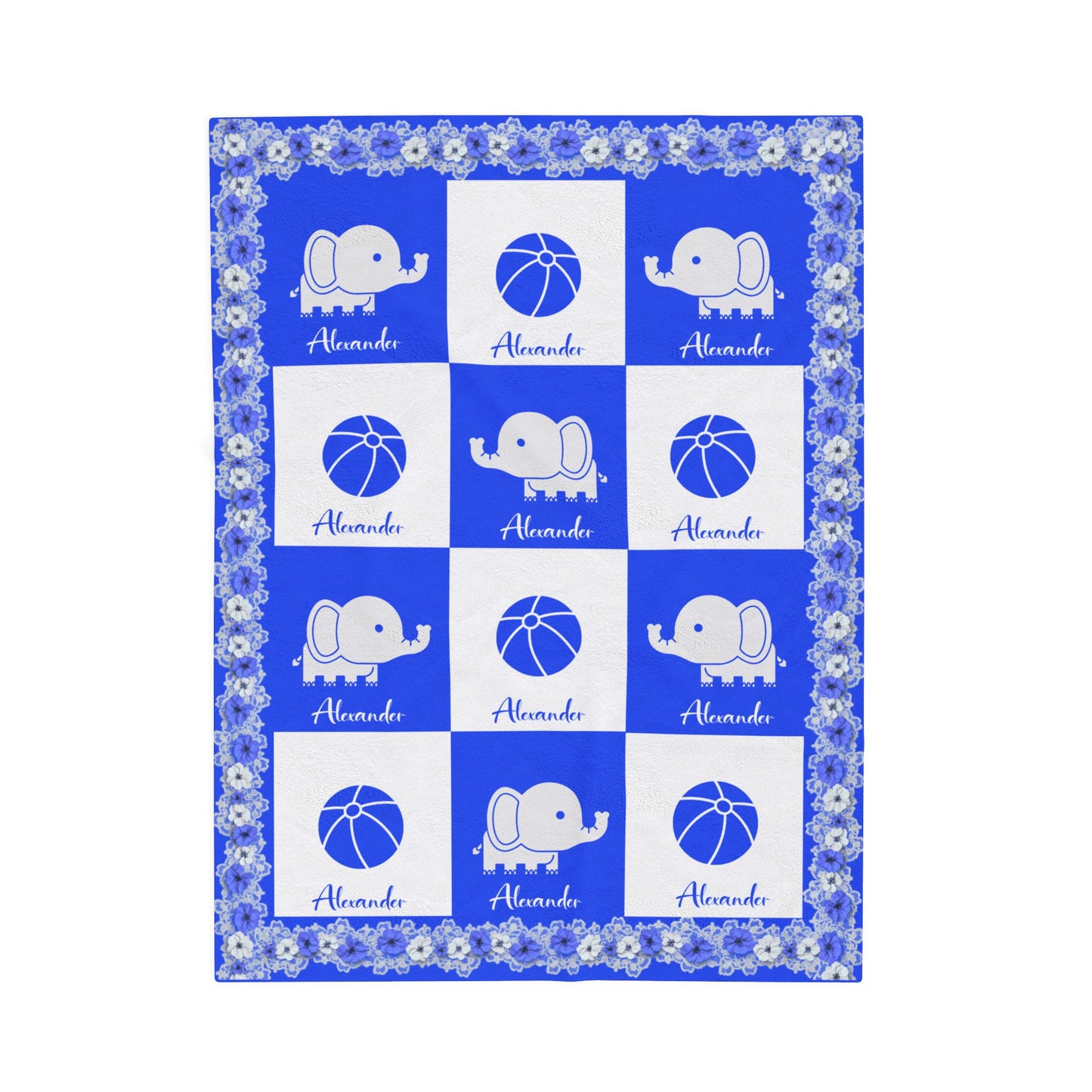 Baby blanket with elephant and basketball patterns on a blue and white checkered background