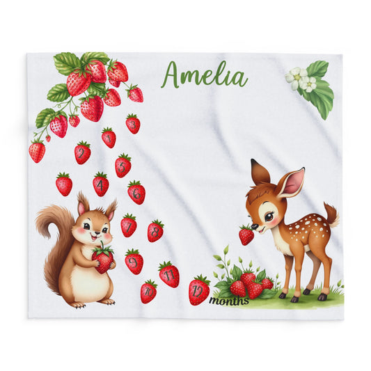 Strawberry and Woodland Animals Monthly Milestone Blanket, Velveteen Plush Baby Photo Prop