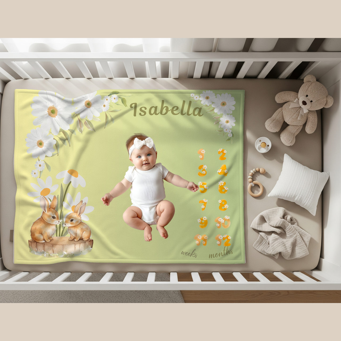Personalized Daisy Bunny Milestone Baby Blanket, Soft Velveteen Plush Fleece