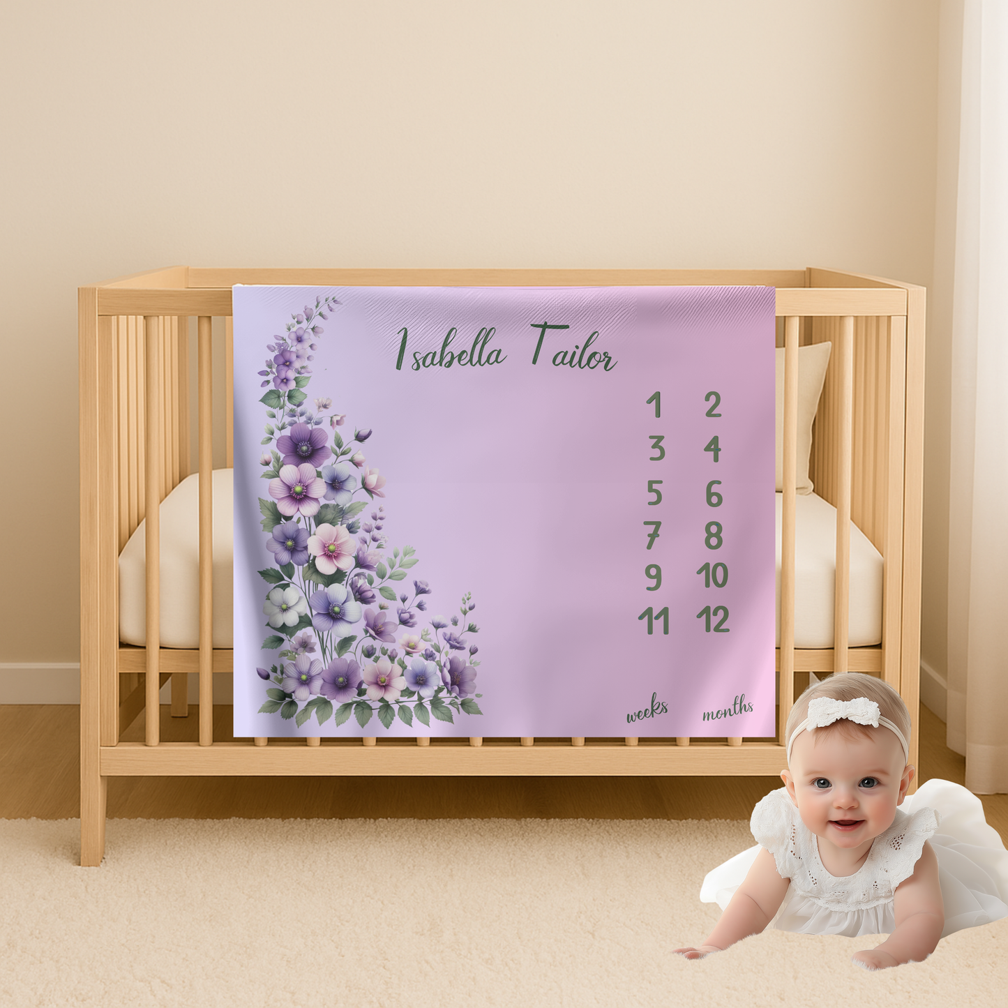 Personalized Floral Milestone Baby Blanket, Soft Velveteen Plush blanket
