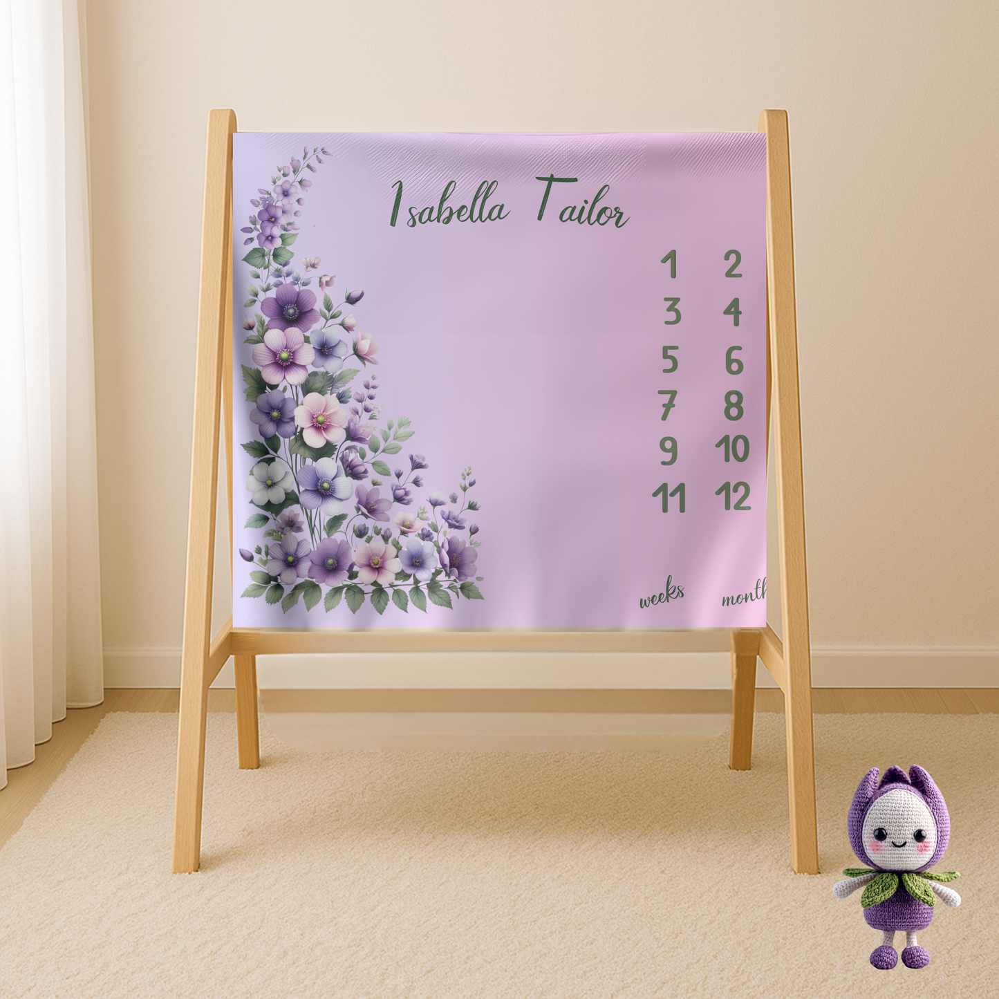 Personalized Floral Milestone Baby Blanket, Soft Velveteen Plush blanket