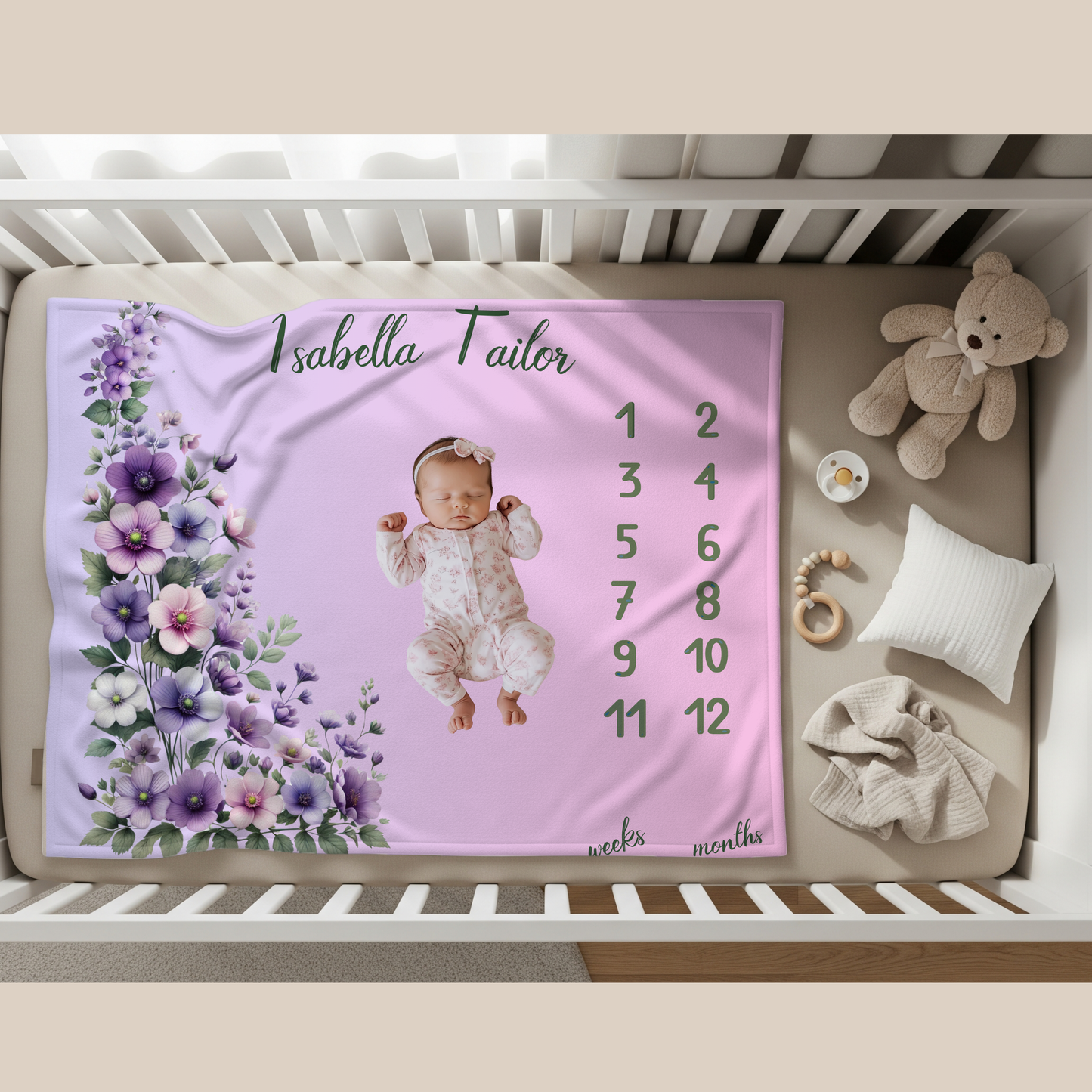 Personalized Floral Milestone Baby Blanket, Soft Velveteen Plush blanket