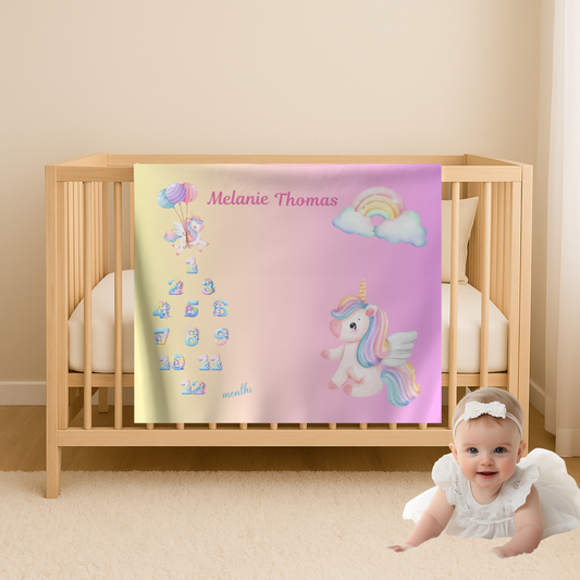 Personalized Unicorn Milestone Baby Girl Blanket, Soft Velveteen Plush Fleece