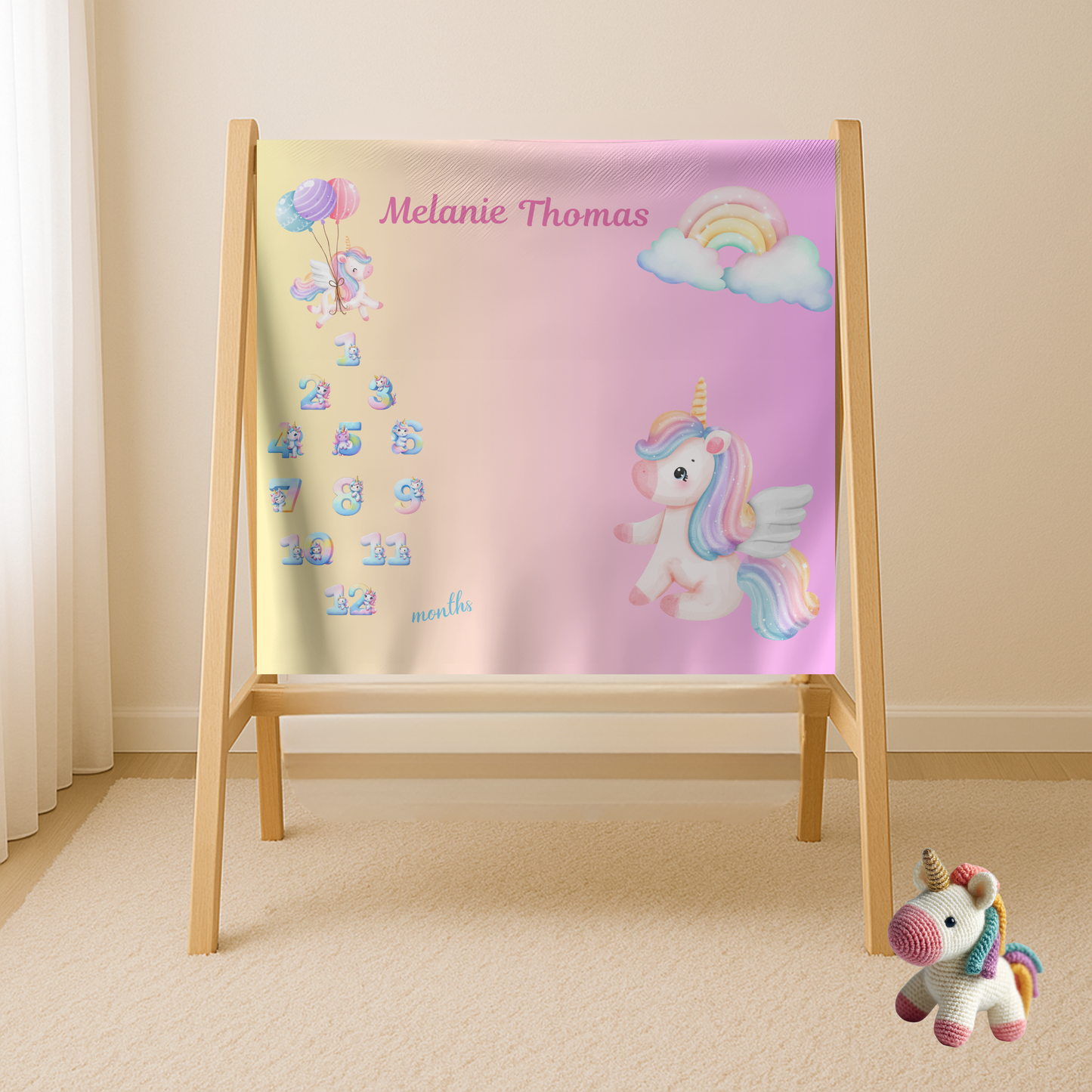 Personalized Unicorn Milestone Baby Girl Blanket, Soft Velveteen Plush Fleece