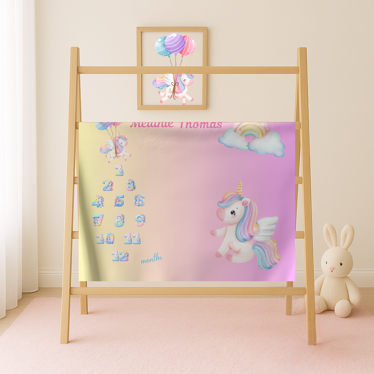 Personalized Unicorn Milestone Baby Girl Blanket, Soft Velveteen Plush Fleece