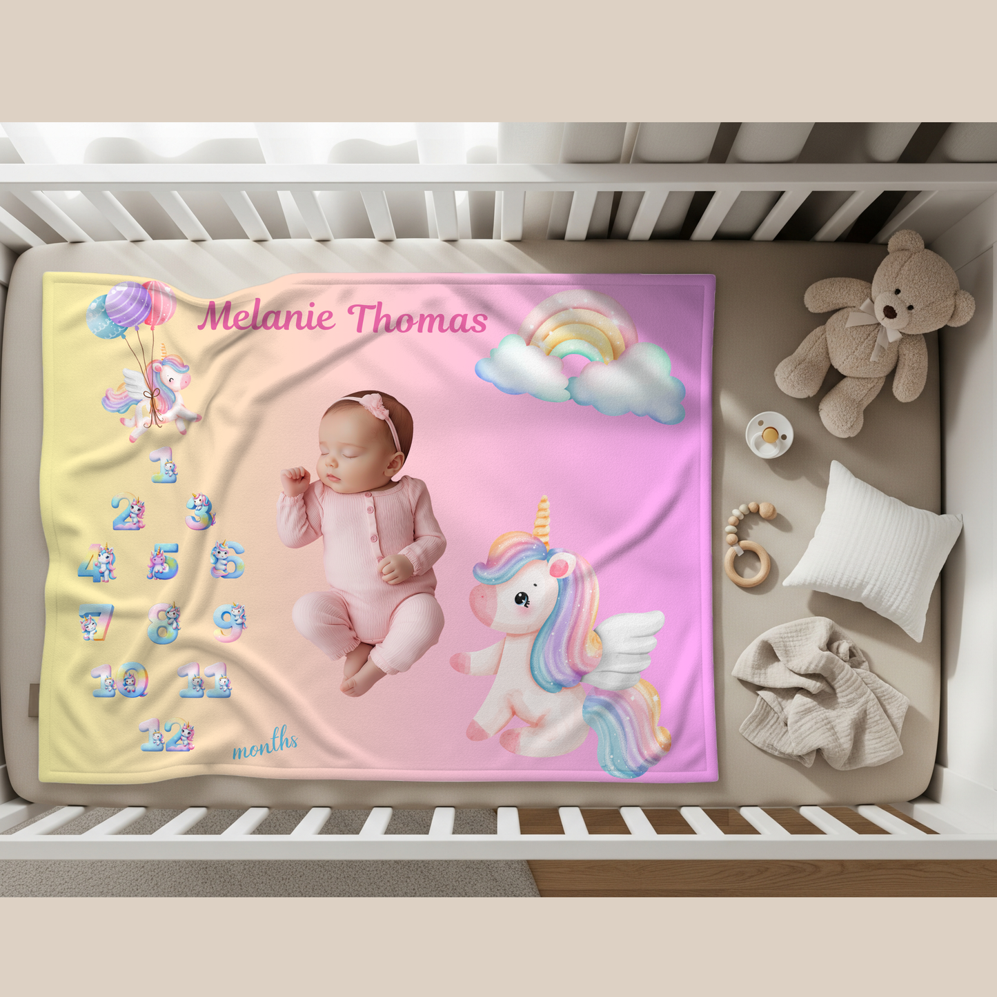 Personalized Unicorn Milestone Baby Girl Blanket, Soft Velveteen Plush Fleece