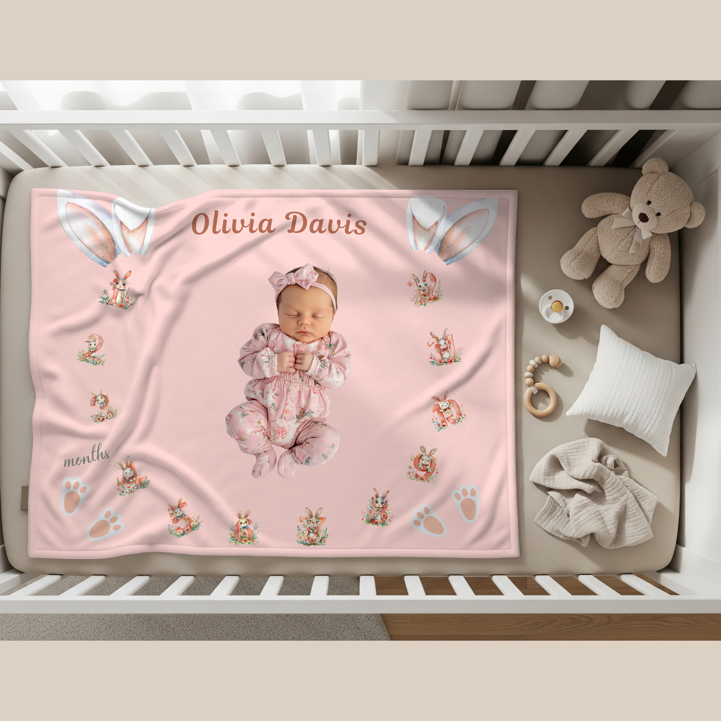 Personalized Bunny Milestone Baby Girl Blanket, Soft Velveteen Plush Fleece