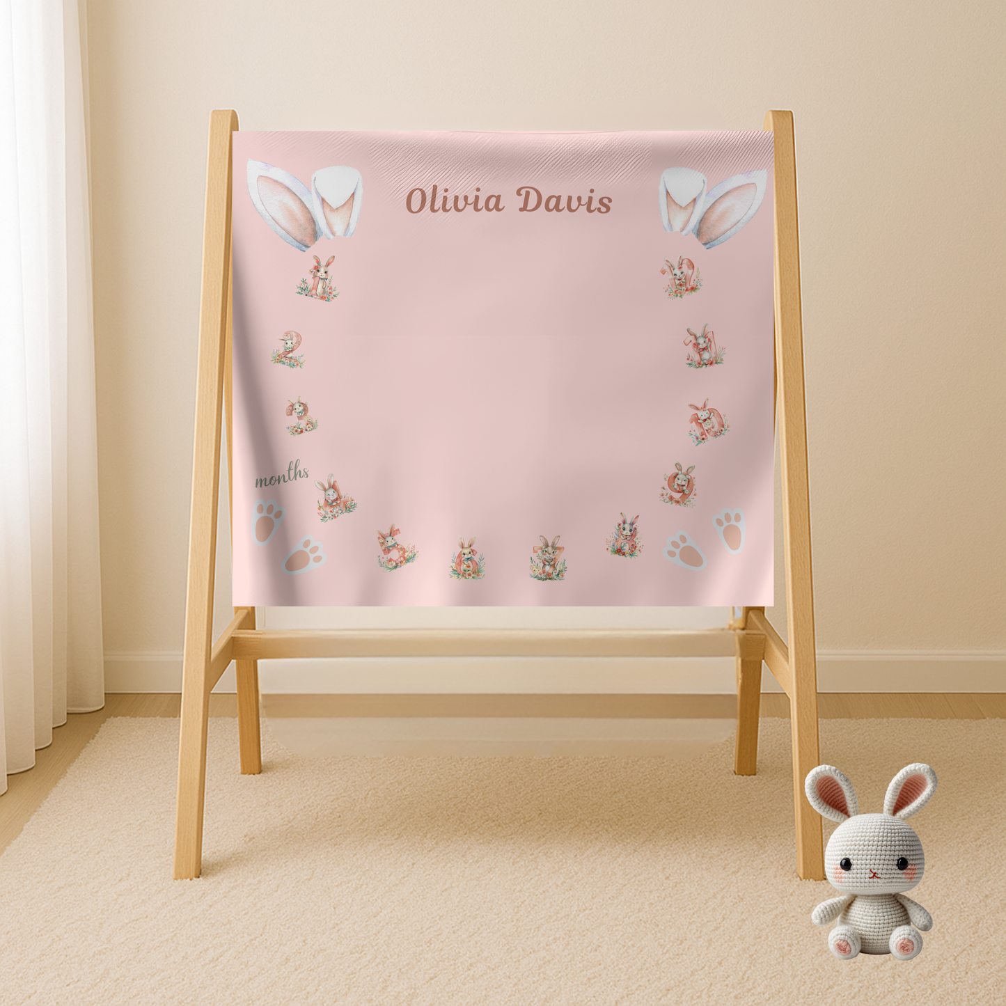 Personalized Bunny Milestone Baby Girl Blanket, Soft Velveteen Plush Fleece