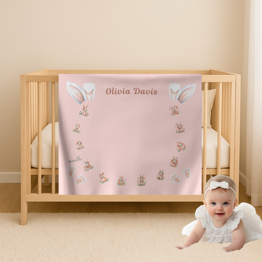 Personalized Bunny Milestone Baby Girl Blanket, Soft Velveteen Plush Fleece