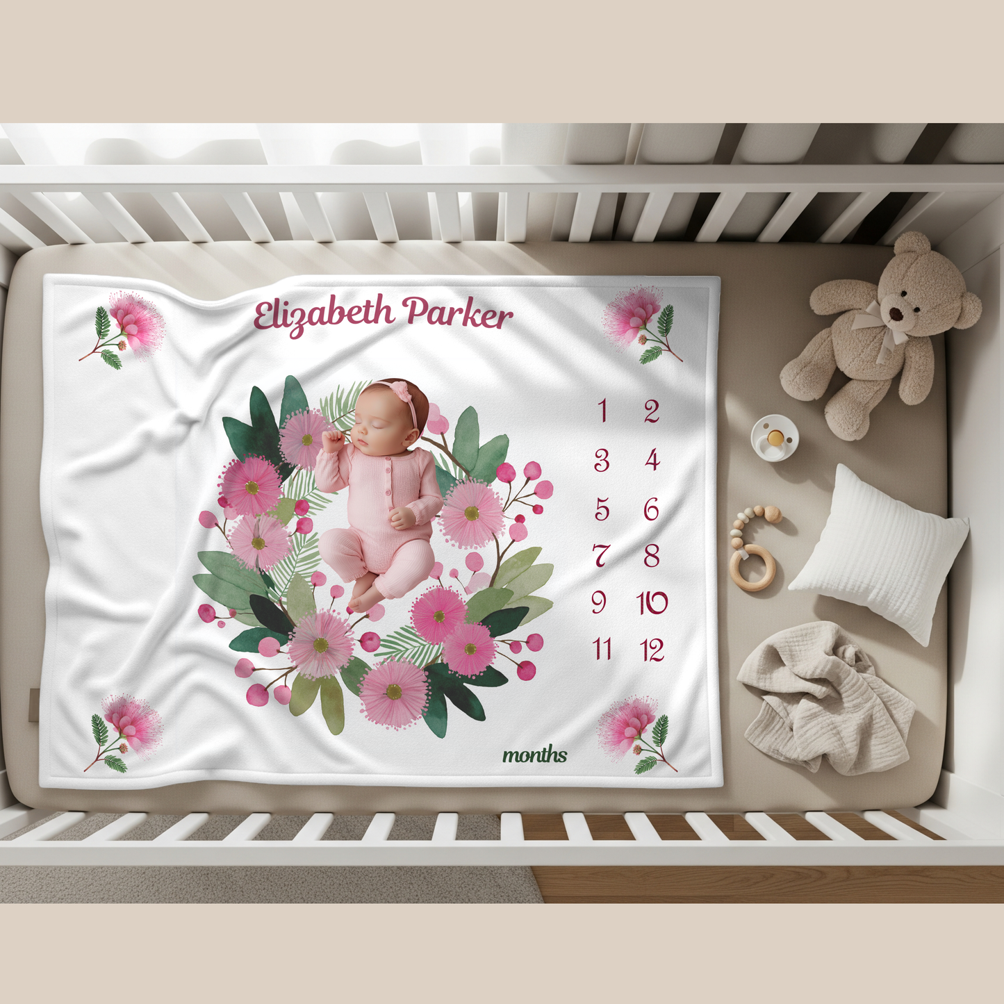 Personalized Baby Girl Milestone Blanket, Velveteen Plush, Floral Baby Blanket,