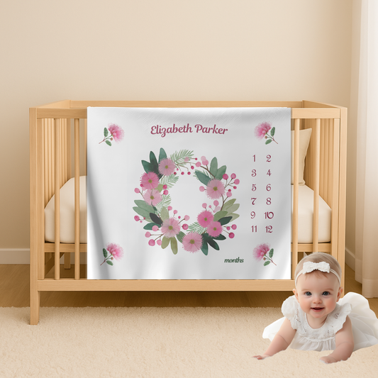Personalized Baby Girl Milestone Blanket, Velveteen Plush, Floral Baby Blanket,