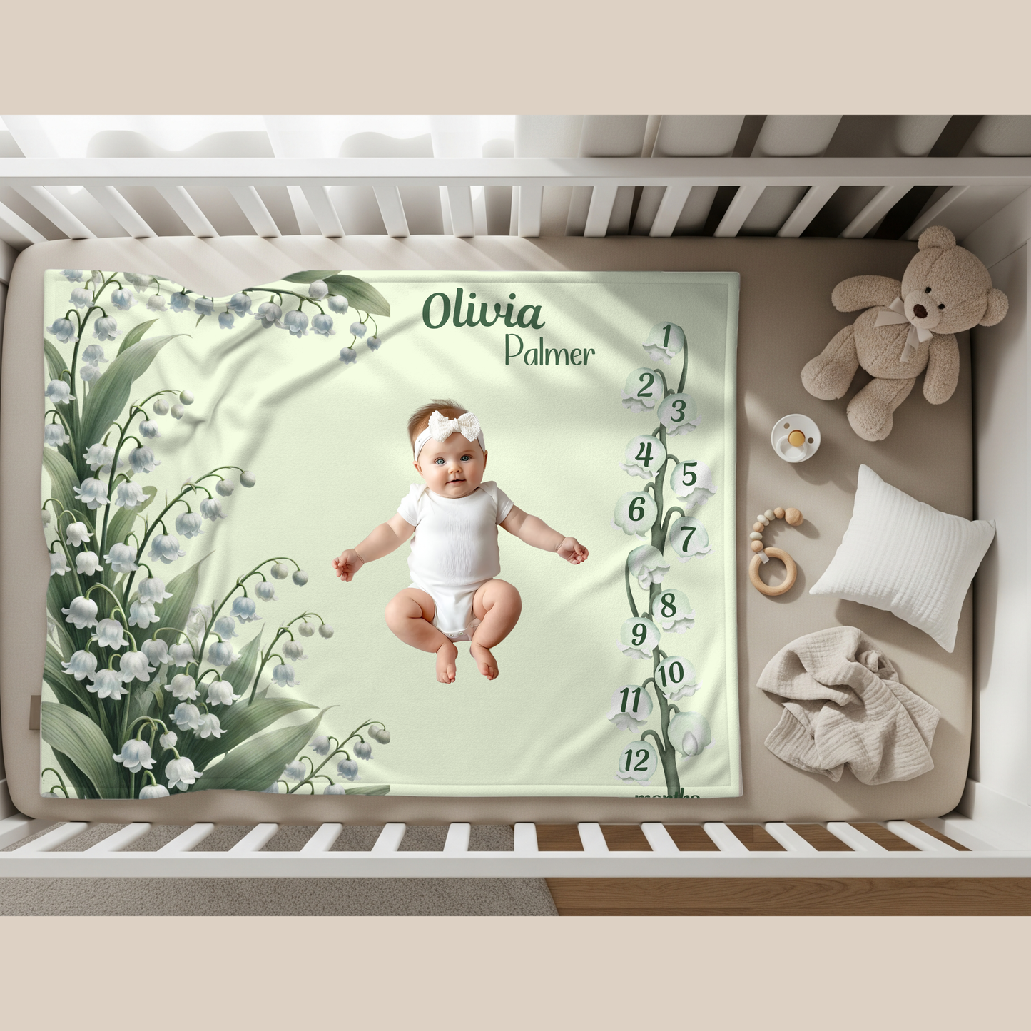 Custm Lily of the Valley Milestone Blanket, Personalized Name Gift,