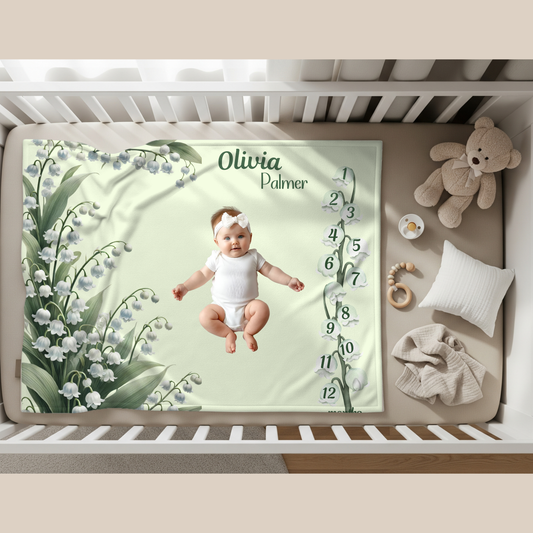 Custm Lily of the Valley Milestone Blanket, Personalized Name Gift,