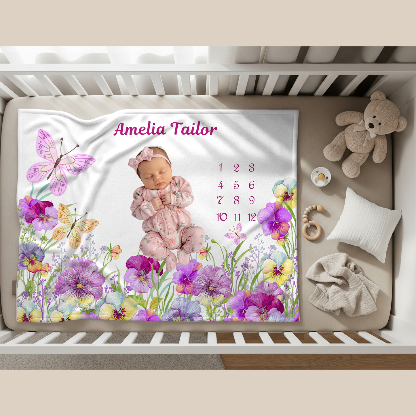 Personalized Baby Girl Milestone Blanket , Floral Butterfly Velveteen Plush Blanket