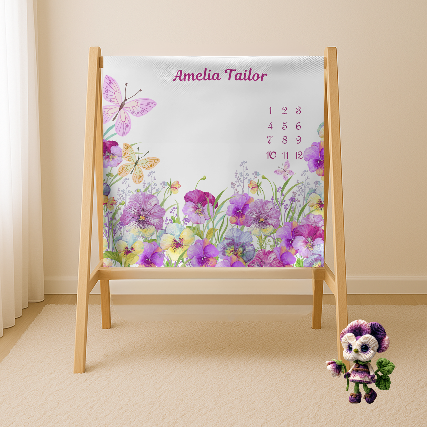 Personalized Baby Girl Milestone Blanket , Floral Butterfly Velveteen Plush Blanket