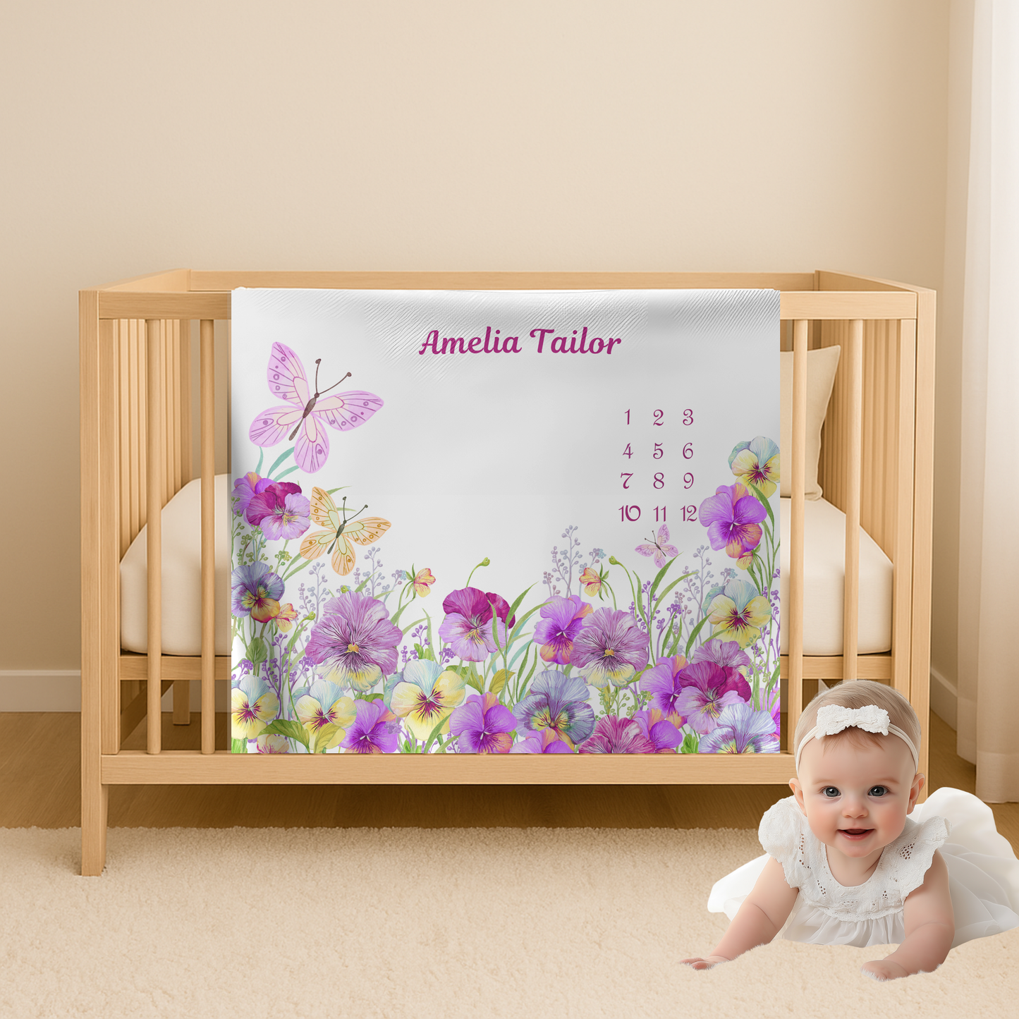 Personalized Baby Girl Milestone Blanket , Floral Butterfly Velveteen Plush Blanket
