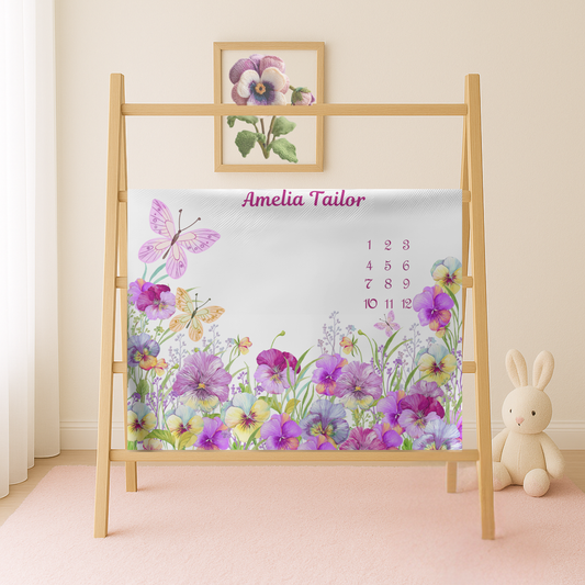 Personalized Baby Girl Milestone Blanket , Floral Butterfly Velveteen Plush Blanket