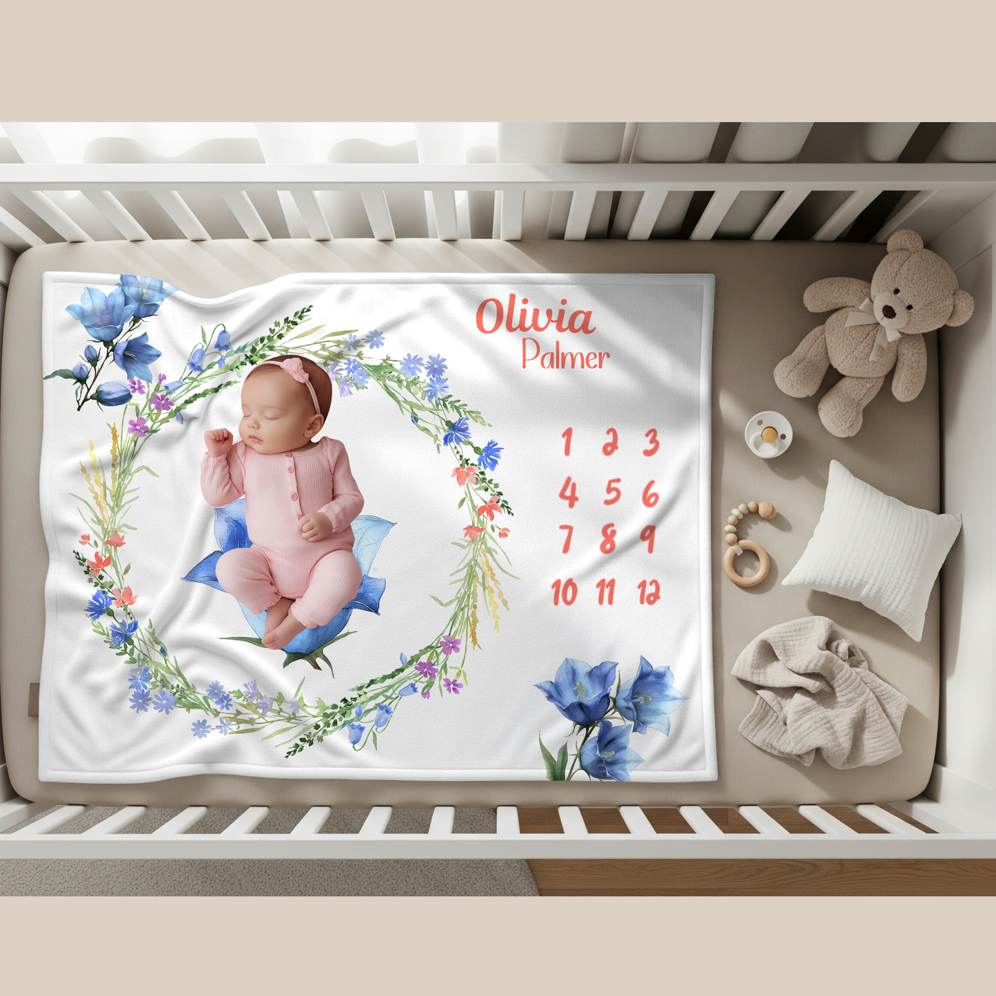 Personalized Floral Milestone Blanket Girl, Blue Flower Baby Monthly Blanket,