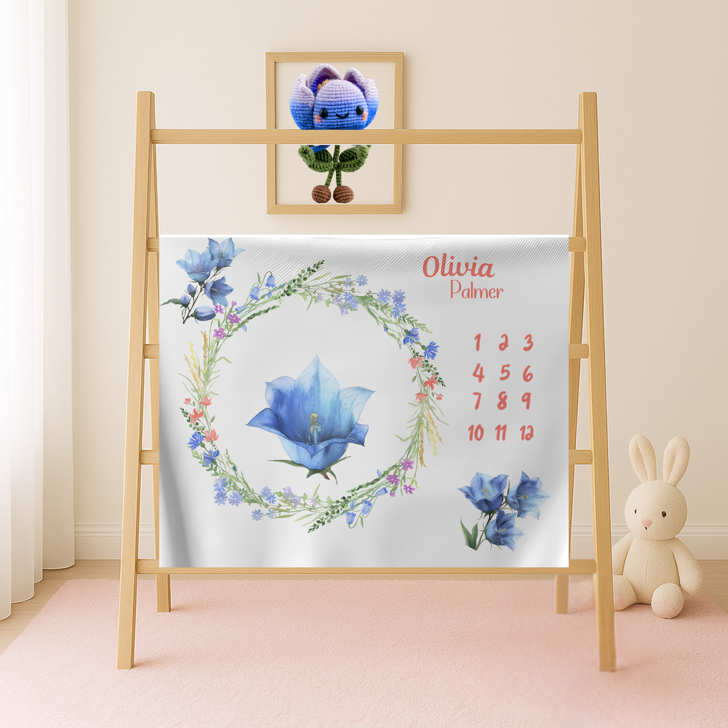 Personalized Floral Milestone Blanket Girl, Blue Flower Baby Monthly Blanket,