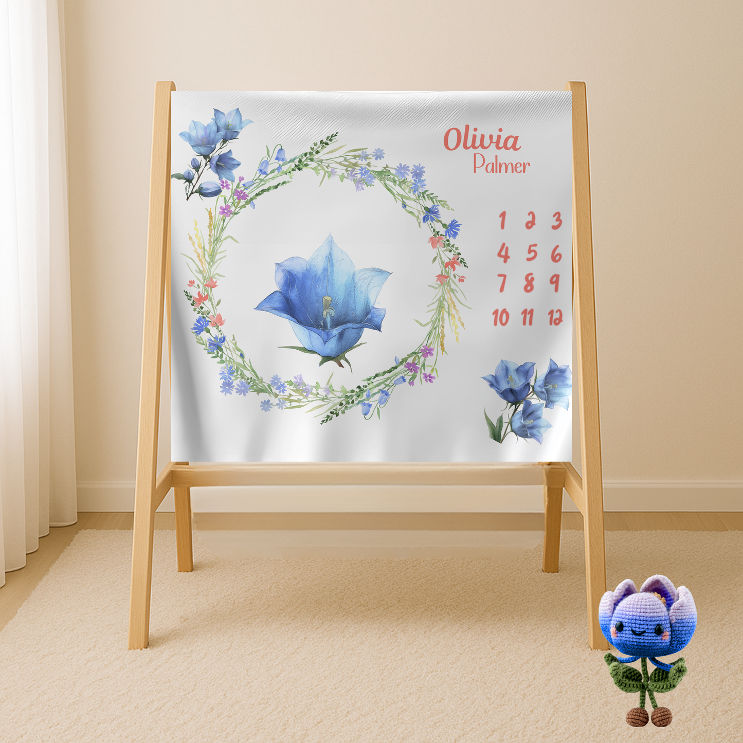 Personalized Floral Milestone Blanket Girl, Blue Flower Baby Monthly Blanket,