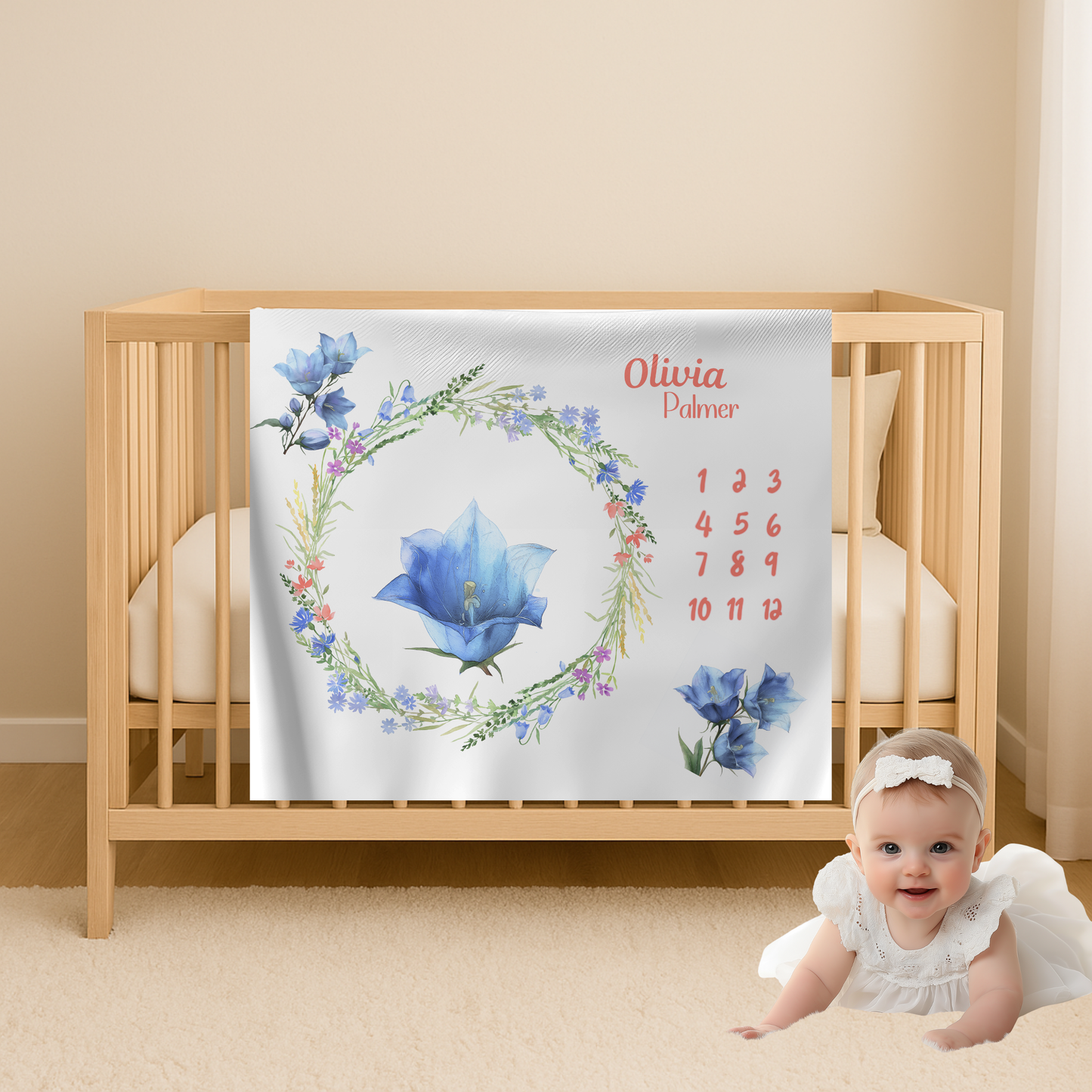 Personalized Floral Milestone Blanket Girl, Blue Flower Baby Monthly Blanket,