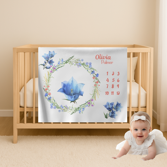 Personalized Floral Milestone Blanket Girl, Blue Flower Baby Monthly Blanket,