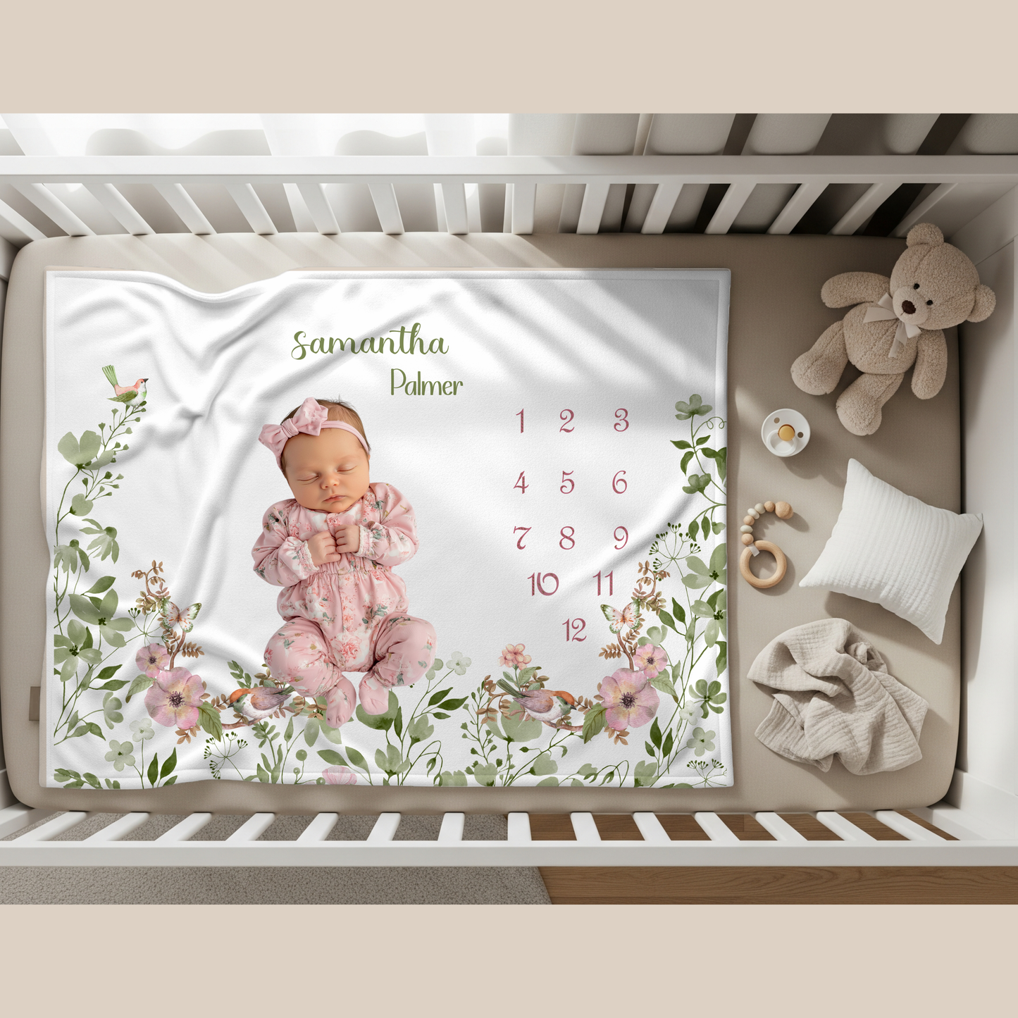 Personalized Baby Girl Milestone Blanket, Floral milestone blanket