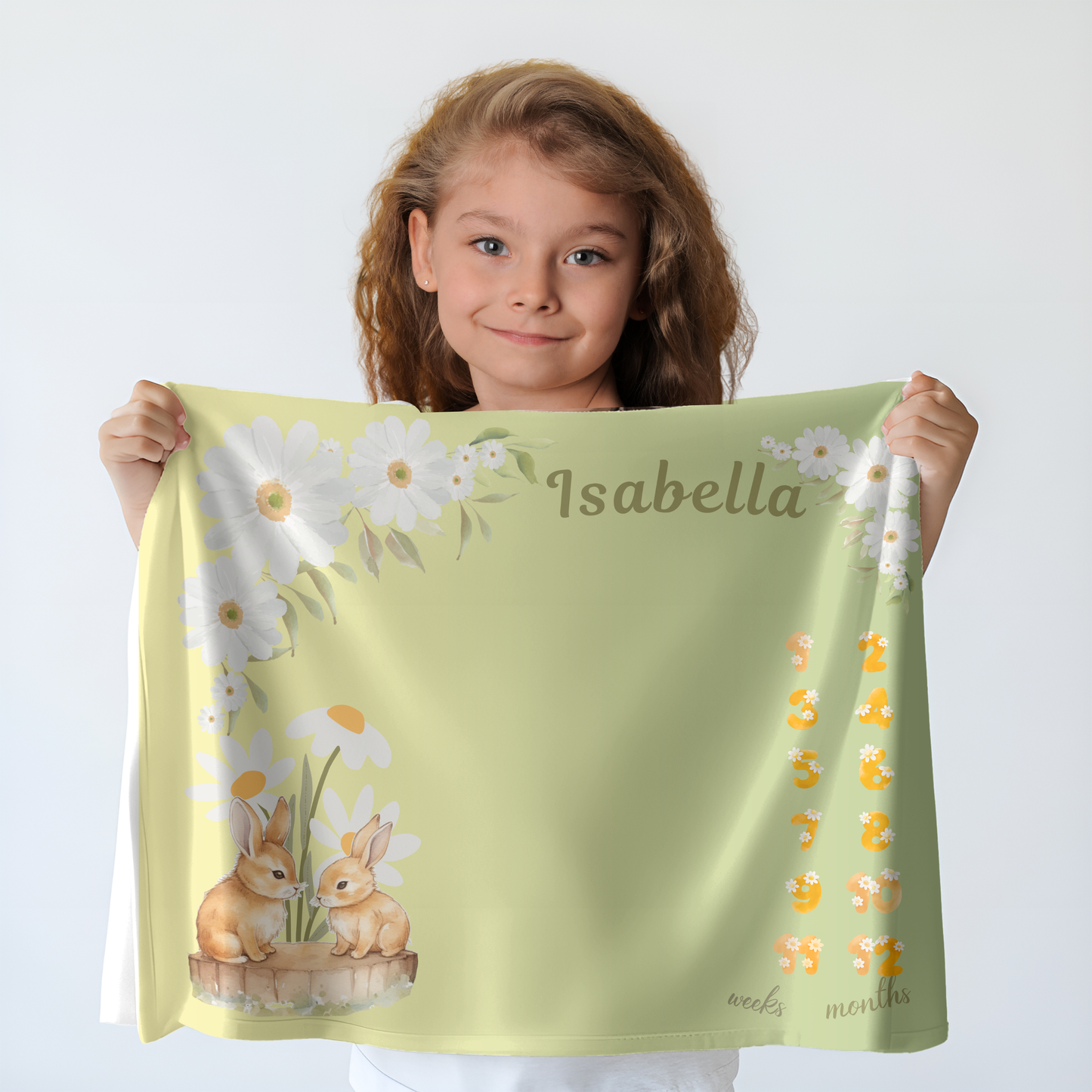 Personalized Daisy Bunny Milestone Baby Blanket, Soft Velveteen Plush Fleece