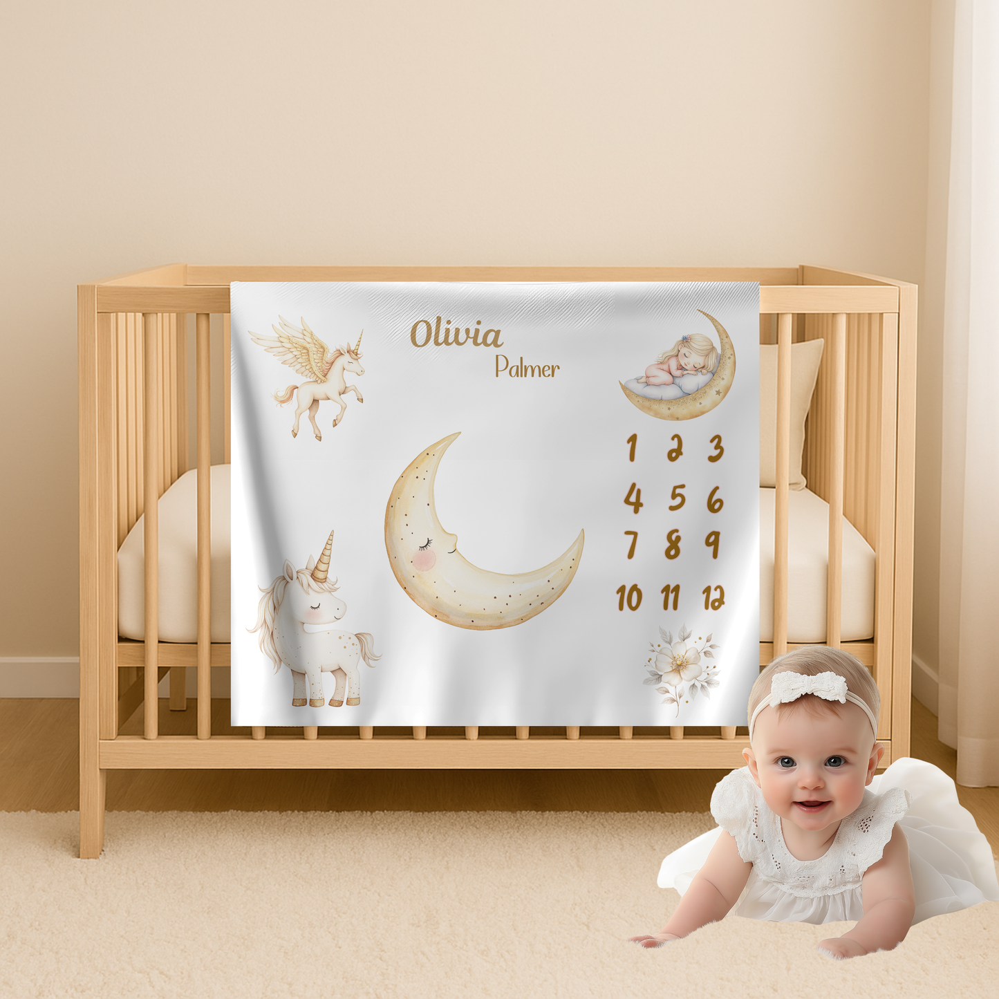 Personalized Unicorn and Moon Baby Girl Milestone Blanket, Velveteen Plush,