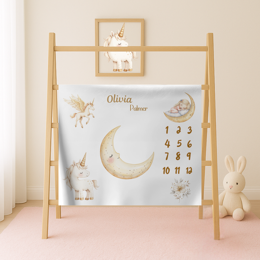 Personalized Unicorn and Moon Baby Girl Milestone Blanket, Velveteen Plush,