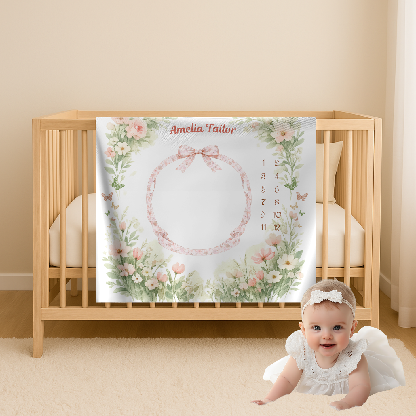 Personalized Baby Girl Milestone Blanket, Velveteen Plush, Floral Baby Blanket, Monthly Milestone Blanket