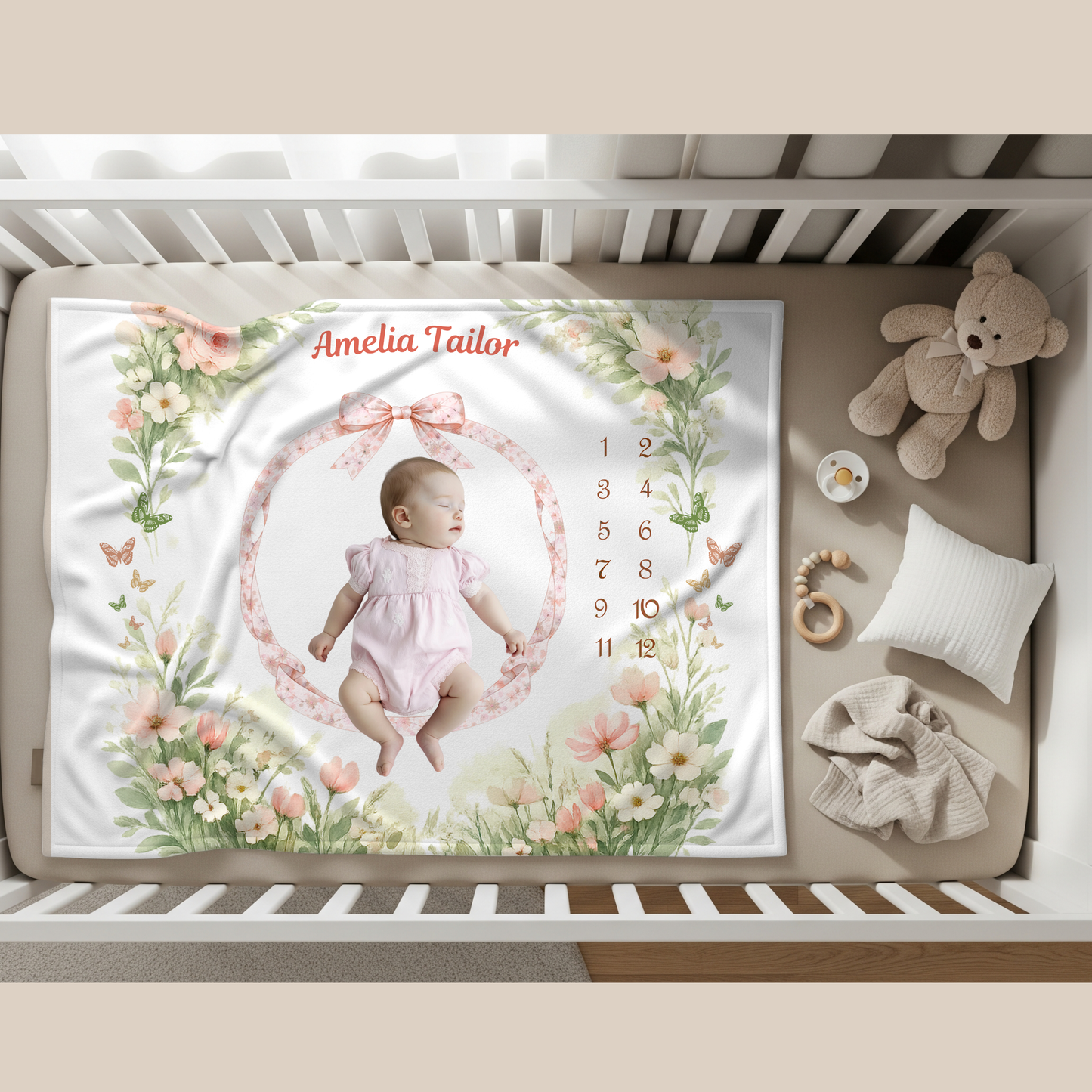 Personalized Baby Girl Milestone Blanket, Velveteen Plush, Floral Baby Blanket, Monthly Milestone Blanket