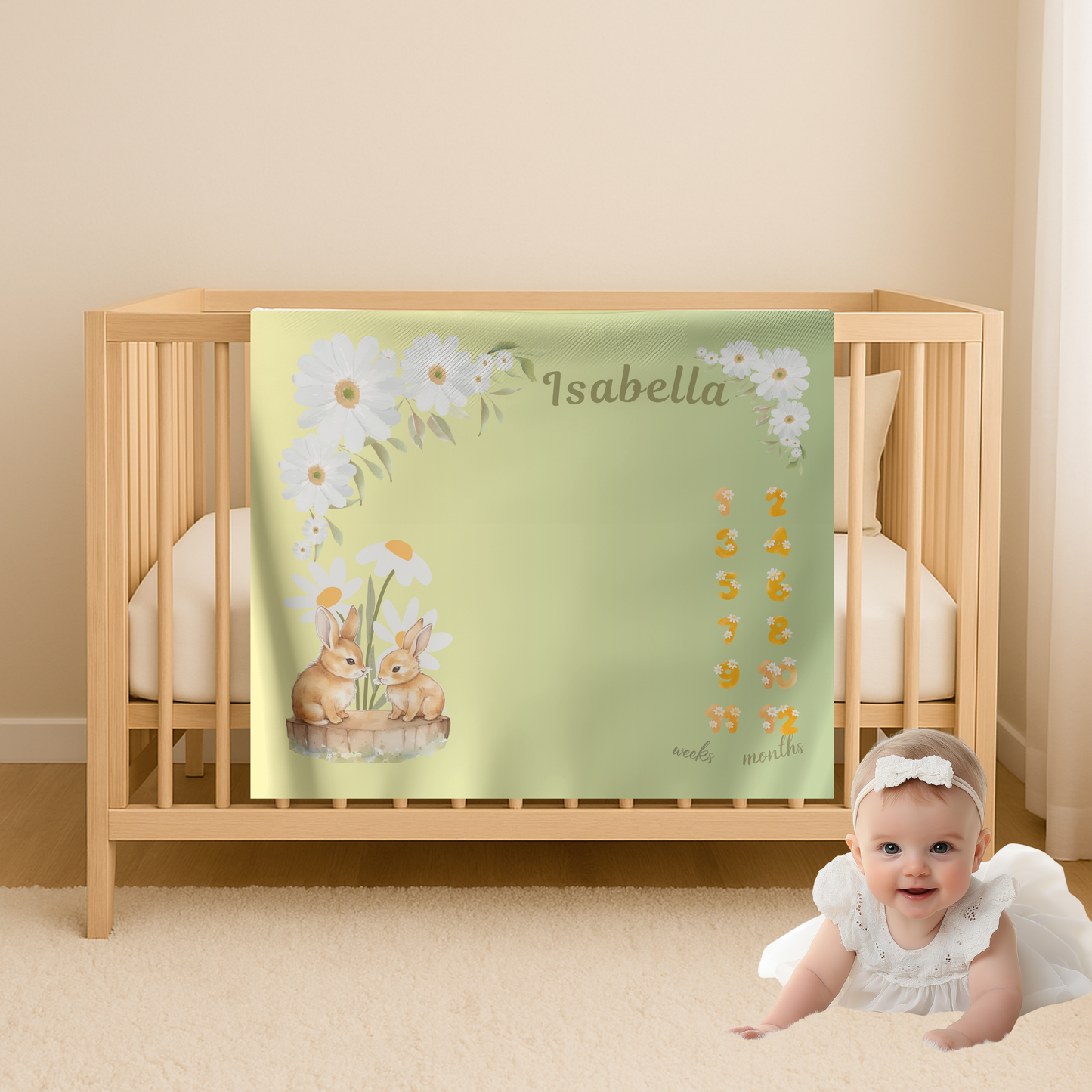 Personalized Daisy Bunny Milestone Baby Blanket, Soft Velveteen Plush Fleece